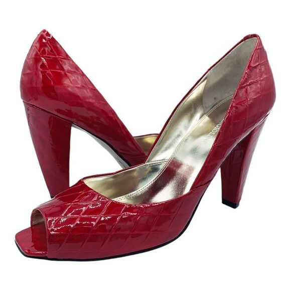 Enzo Angiolini Gemma Red Embossed Patent Peep-Toe Pump 8 - Picture 1 of 14